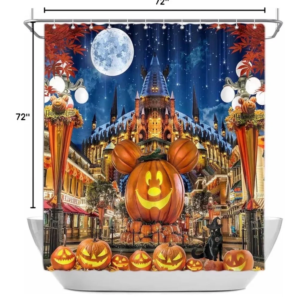 Pumpkin Mickey Mouse Halloween Shower Curtain, 72 x 72,Cartoon Pumpkin Castle